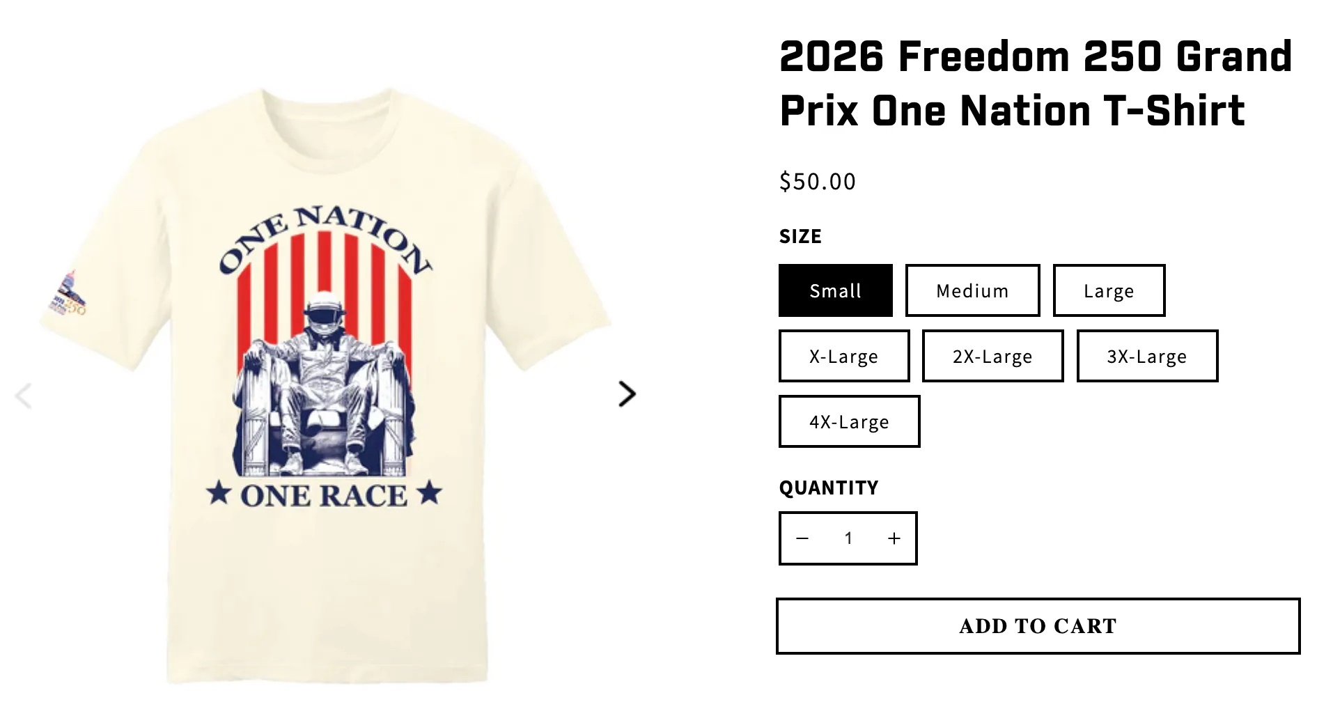 A screenshot of the IndyCar online store showing a white t-shirt with a clearly AI-generated image of the statue in the Lincoln Memorial wearing a racing helmet on an American flag motif. The t-shirt says “One Nation, One Race”. It’s for sale for $50.00.